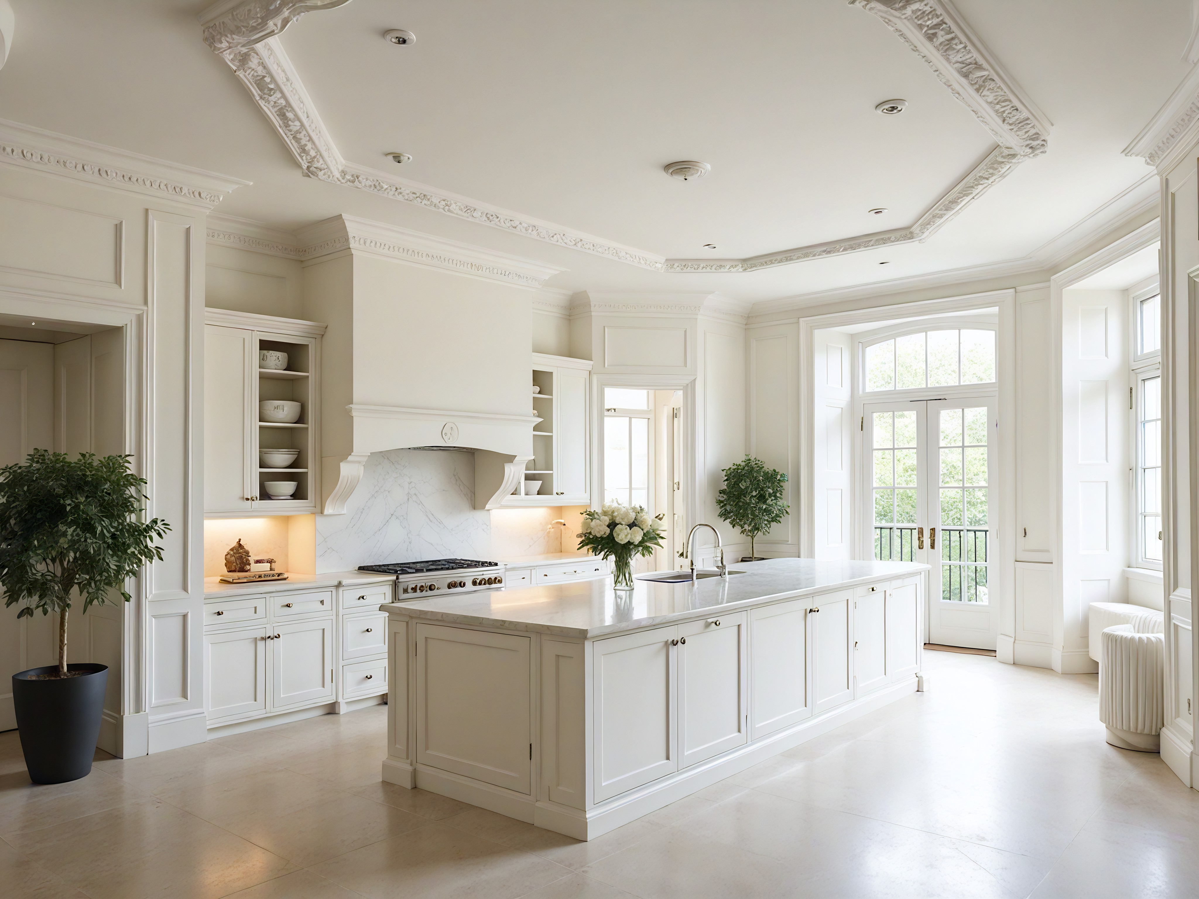 A classic and elegant bathroom with off-white paneling, marble-patterned flooring, and intricate ceiling carvings is shown in this horizontal full photograph. In the left corner, a white clawfoot bathtub with gold-colored handles is against the wall, with a towel draped over the left-side rim. To the right of the bathtub are two white toilets, each with a single handle on the left side, under two tall white windows. The windows overlook a leafy green forest and fields in the distance. The right-side window is between the two toilets. To the right of the windows is a large square marble shower with clear glass walls and gold-colored frames and handles. A multi-piece shower kit with a showerhead and controls in gold is in the shower. To the right of the shower is a white cabinet with off-white marble countertop and handles in gold. On the counter are three small white towels and a brown and white pump bottle. A square, framed mirror is above the counter. Two wall sconces with simple gold-colored stems and cream-colored lampshades are above the mirror. Daylight streams in from the windows, illuminating the room.