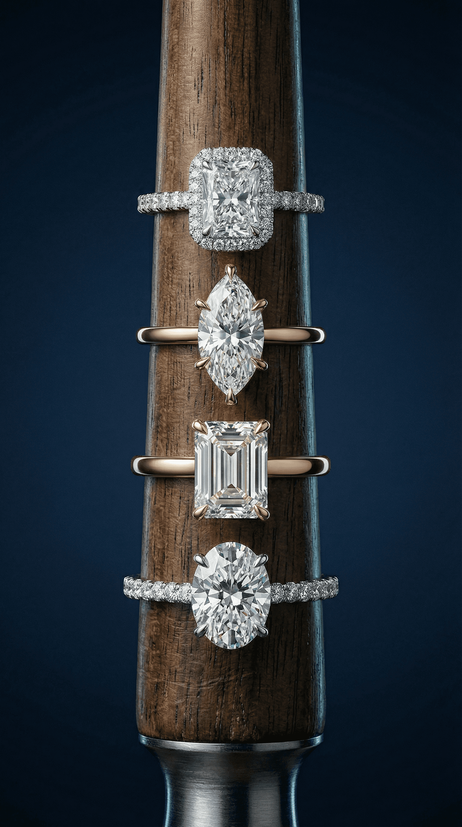Diamond engagement rings stacked on wooden ring mandrel in studio macro shot