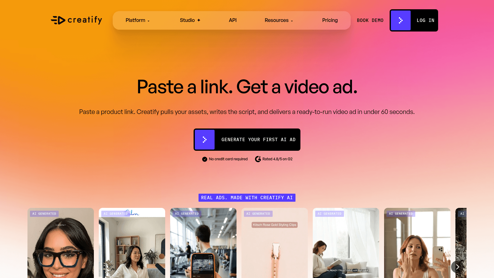 Creatify landing page with a URL to video ad generator interface and example AI generated video reels.
