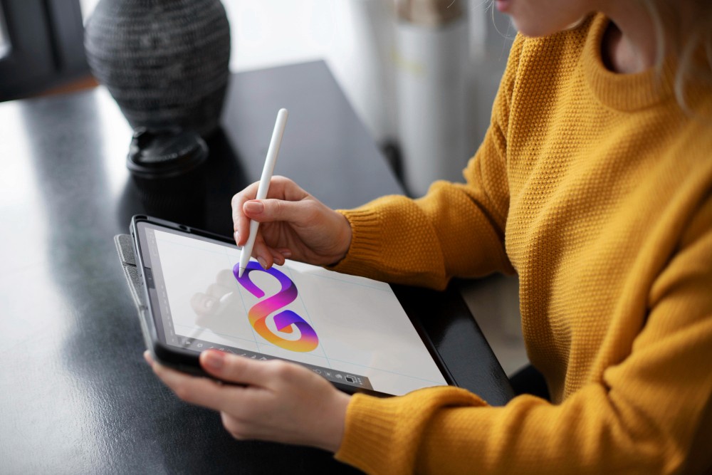 Graphic designer creating digital logo designs on a tablet