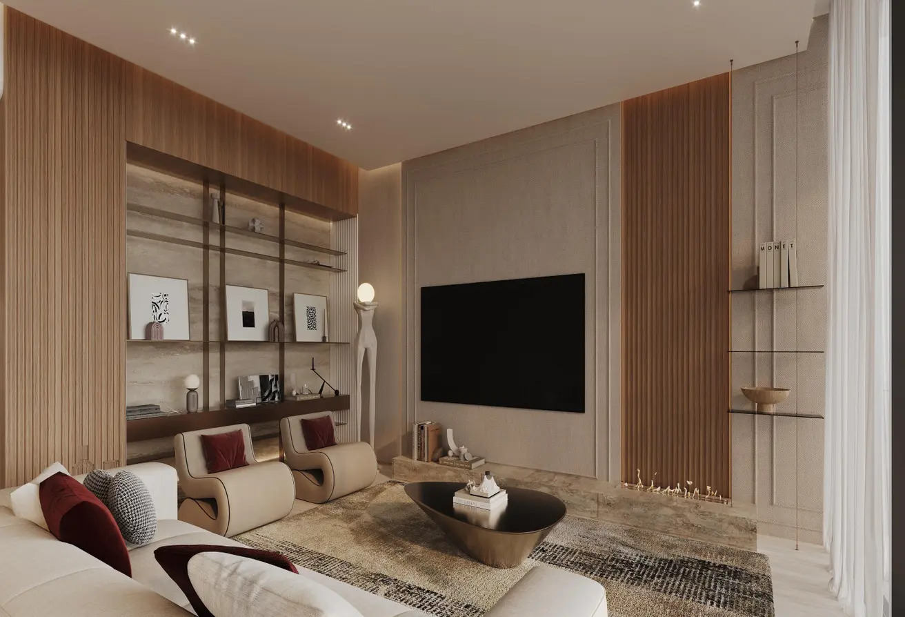 Elegant living room with neutral tones and modern furniture inside a luxury apartment at Binghatti Amberhall in Dubai