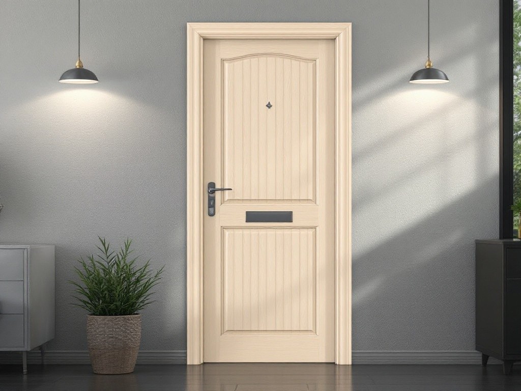 A light beige door with vertical panels and a small rectangular mail slot.