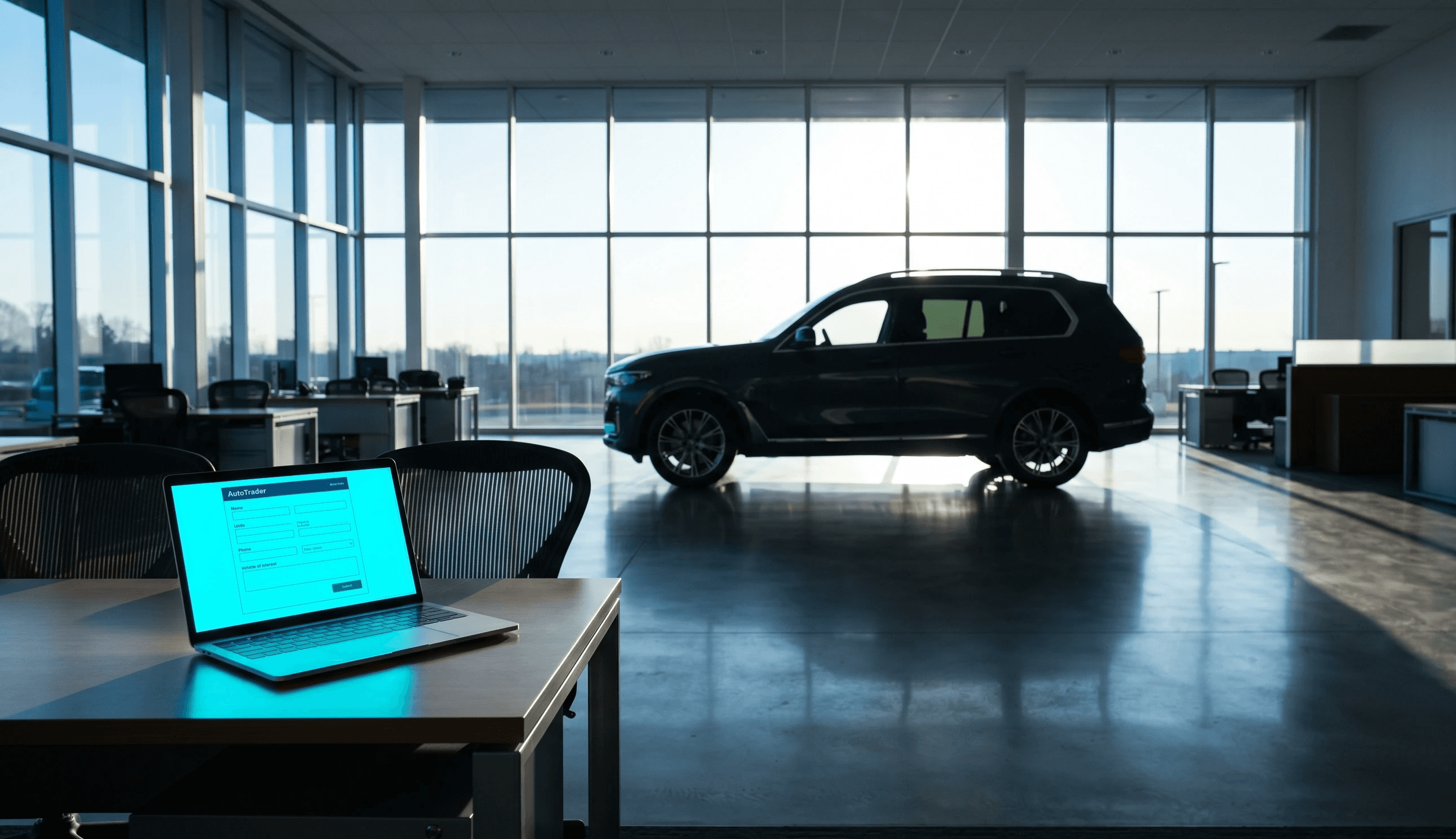 Empty dealership showroom at dawn with laptop showing AutoTrader lead form — represents internet leads rotting in the CRM unworked.