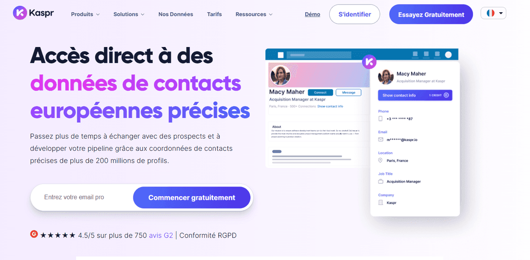 Kaspr homepage presenting European contact data in the browser