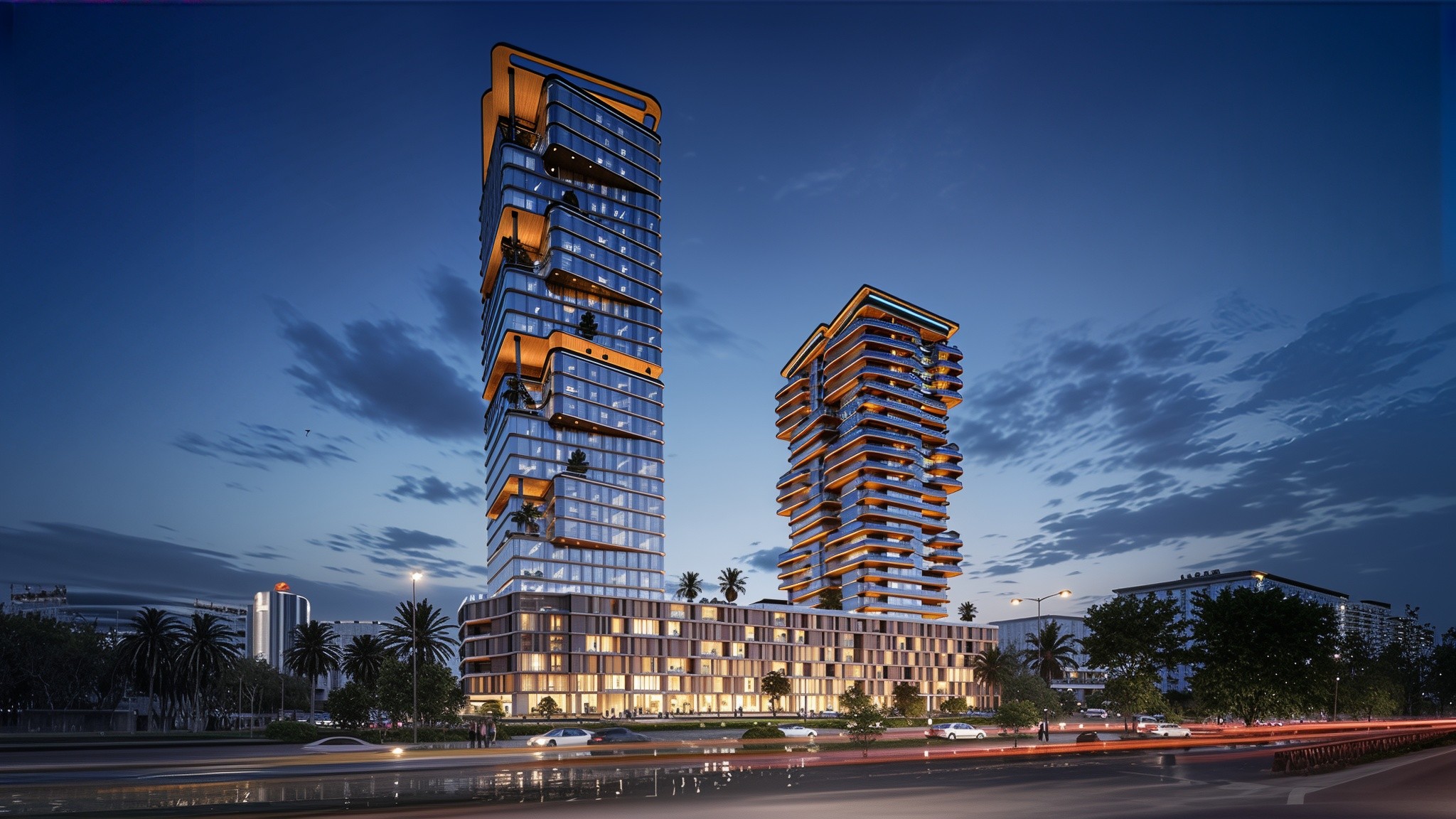 Two radiant atrium towers under construction in the city skyline, showcasing modern architectural design.