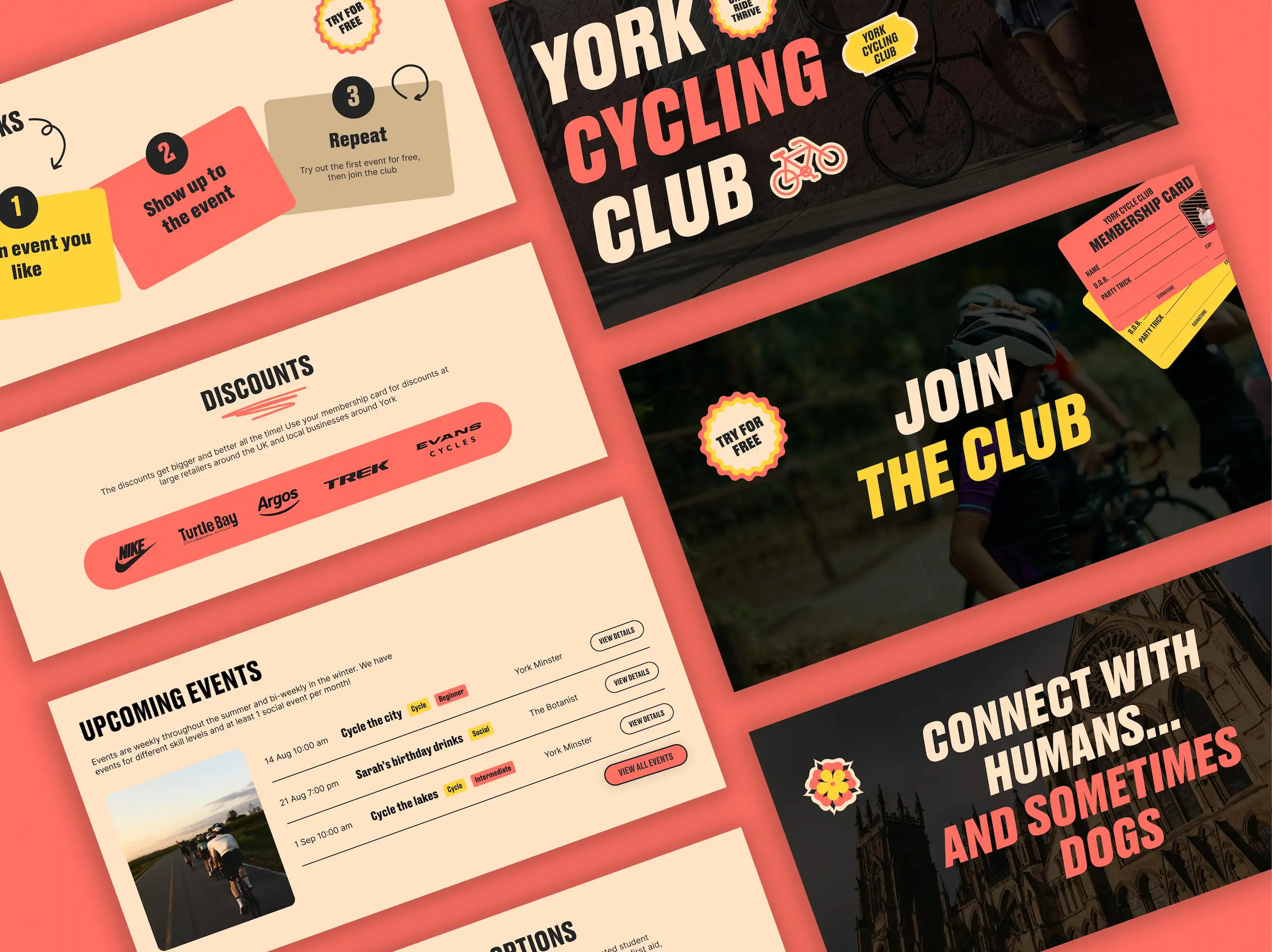 sections of the website like hero image and upcoming events on a red background