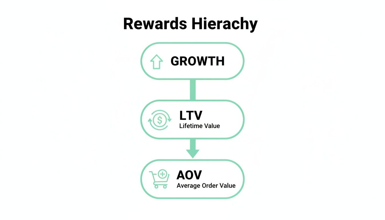 A Rewards Hierarchy diagram showing Growth, Lifetime Value (LTV), and Average Order Value (AOV).