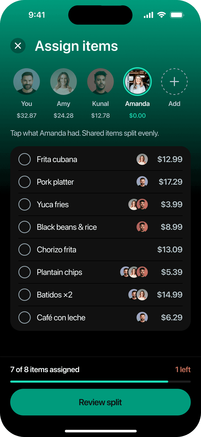 Assign items, Amanda selected, 14 taps in