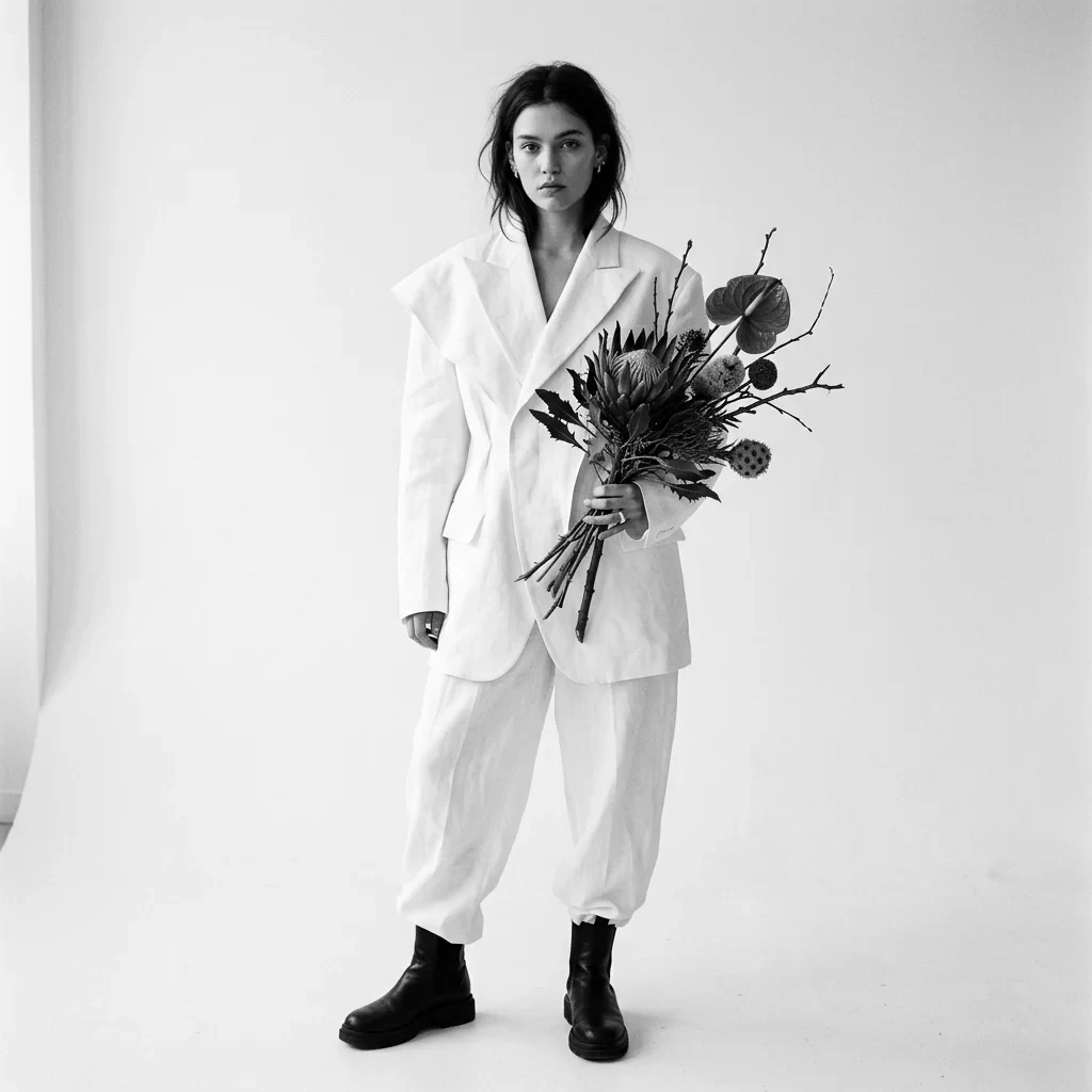 A figure in a white suit against a white ground