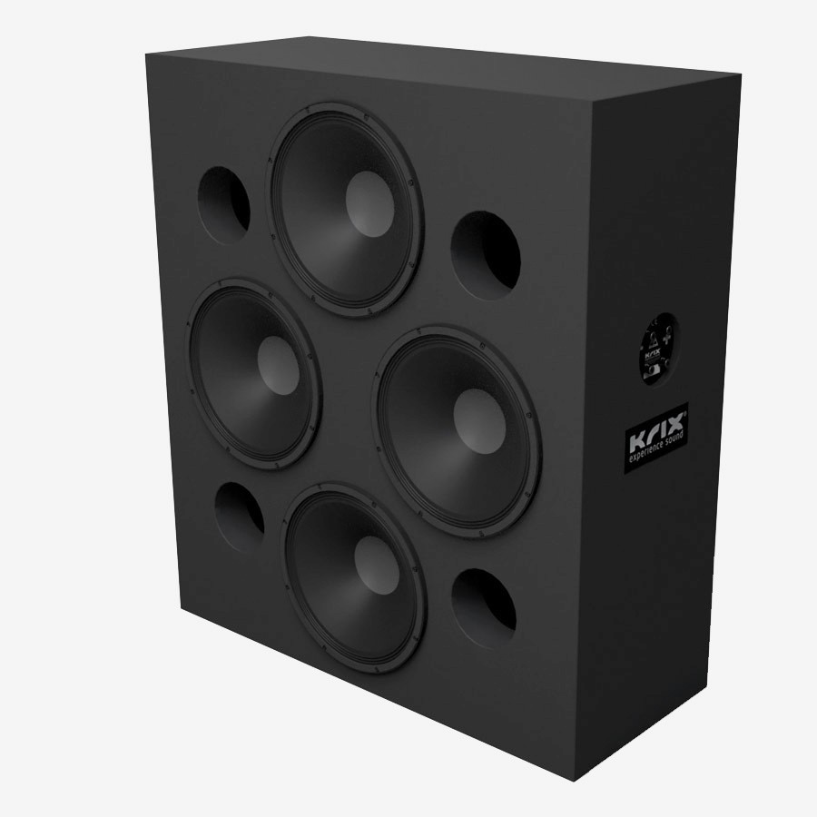 Black speaker cabinet with five large speakers and four smaller ports.