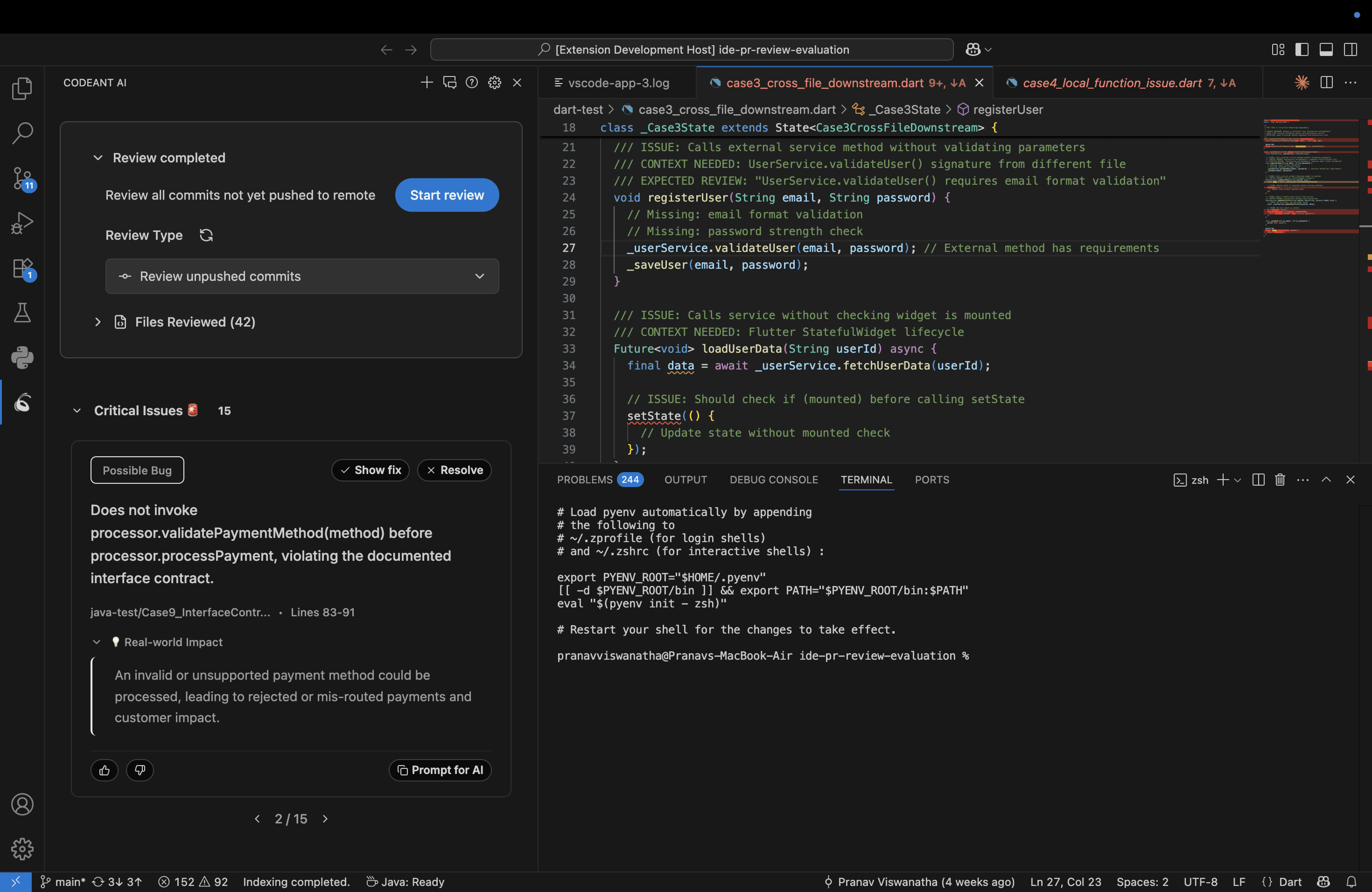 CodeAnt AI integration inside Visual Studio Code IDE, showing inline AI Code Review comments highlighting code issues, security warnings, and suggested fixes directly within the editor, demonstrating real-time Code Health feedback without leaving VS Code.