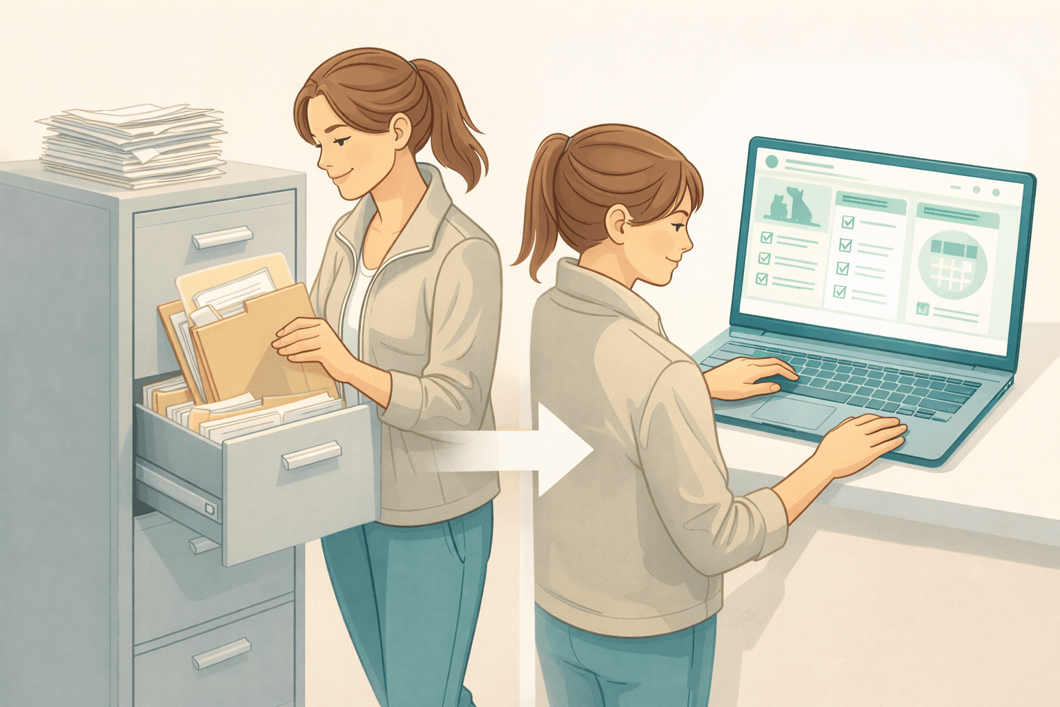 Comparison-style image showing a filing cabinet on one side and a clean digital dashboard on the other, pet sitter transitioning between the two, bright neutral background, realistic but lightly conceptual photography