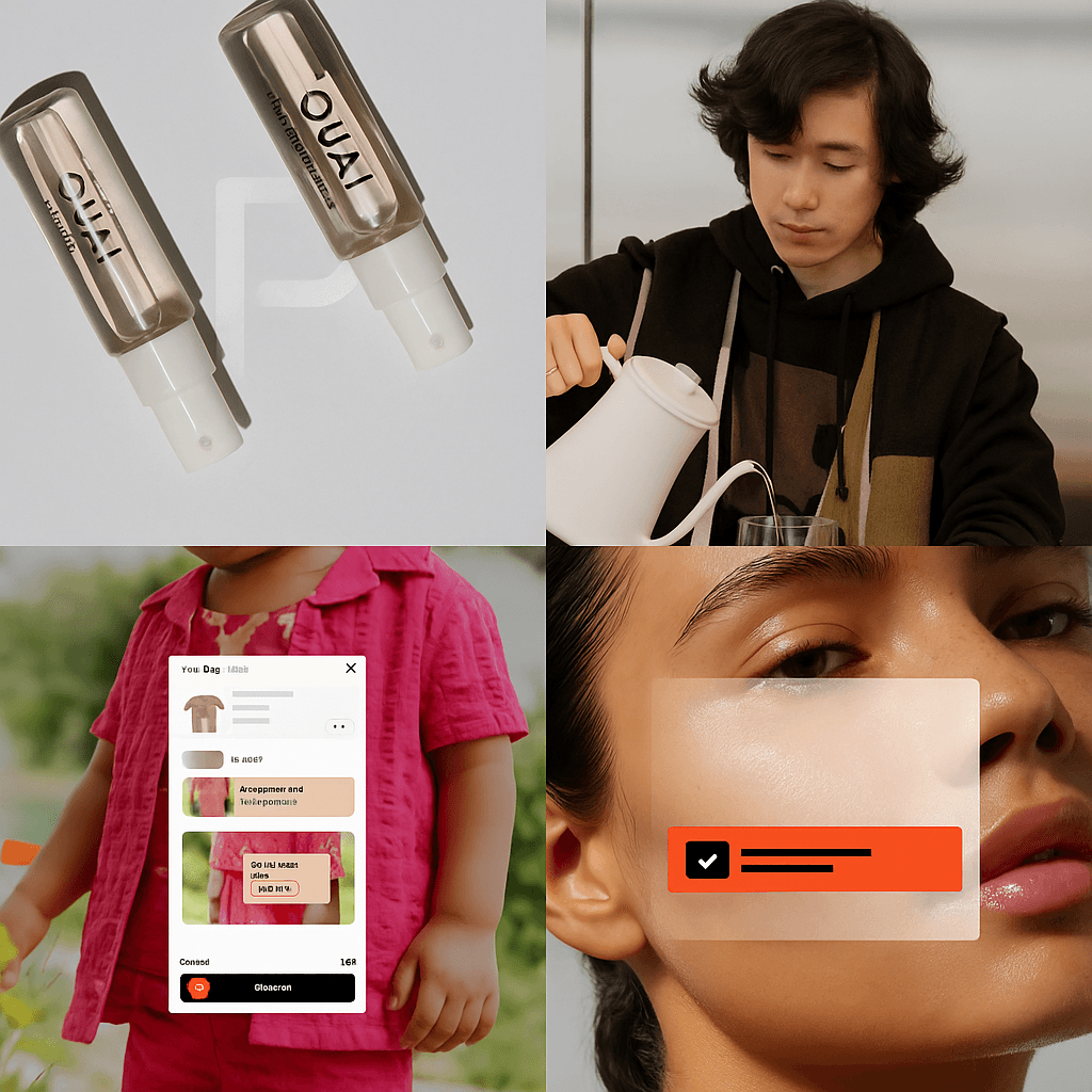 mockup showing the UI of a Beauty shop APP and actual products in the background