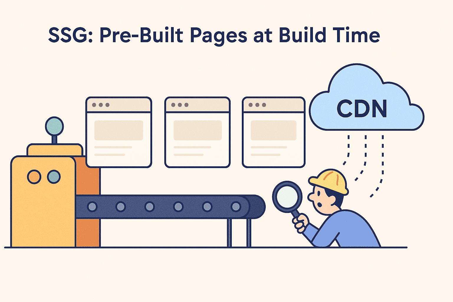 Factory-style conveyor belt generating static web pages and sending them to a global CDN for instant delivery.