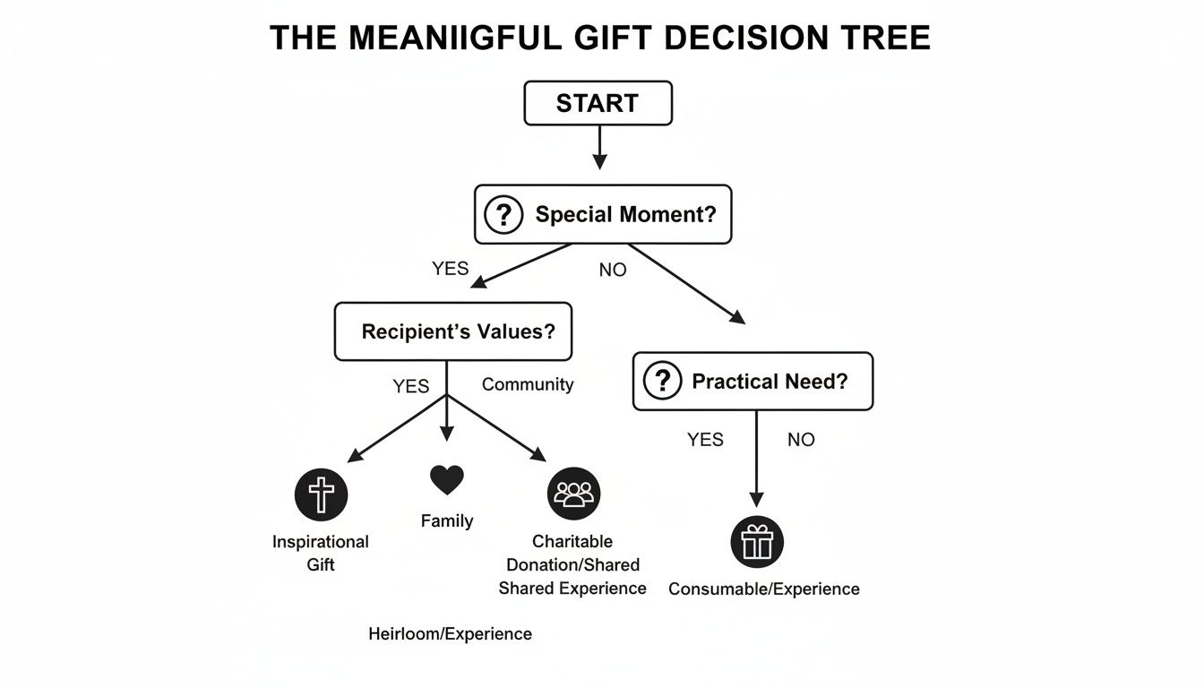 A flowchart titled 'The Meaningful Gift Decision Tree' guiding choices for thoughtful presents.
