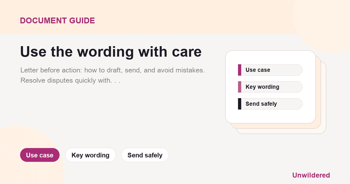 Explainer card for Letter Before Action: Your First Step Towards Resolving Disputes: Use case, Key wording, Send safely.
