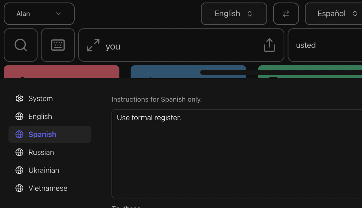 Custom prompt dialog for Translate mode showing tabs with "System" and various languages on left and custom prompt field on right.