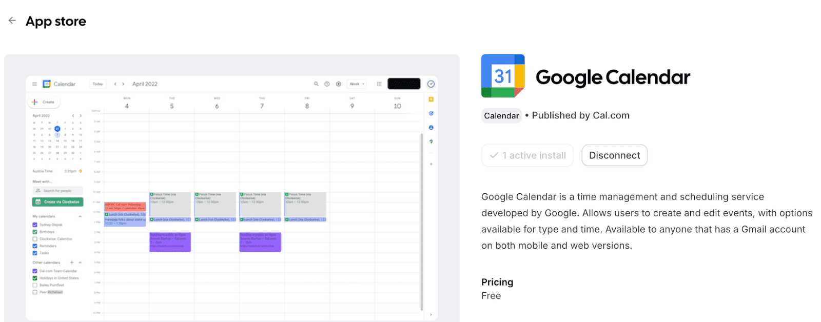 The Google Calendar app in the Cal app store