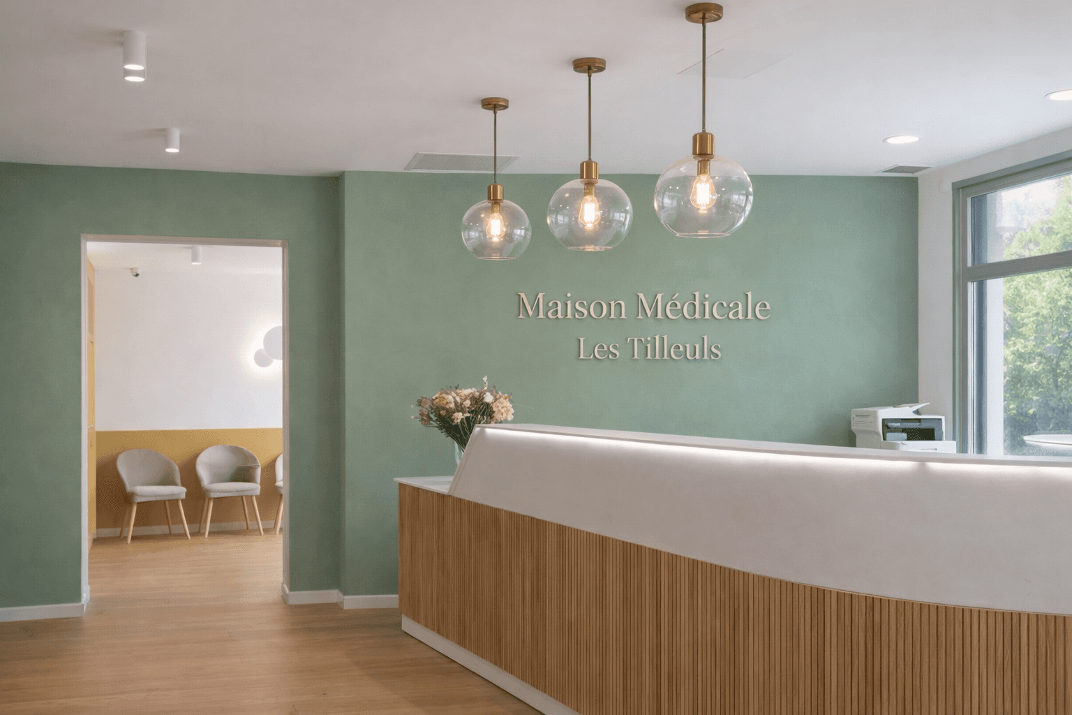Accueil de la Maison Médicale Les Tilleuls en Gironde – mur vert sauge, comptoir bois cannelé, luminaires laiton, aménagement ERP par Eva Hostein architecte d'intérieur