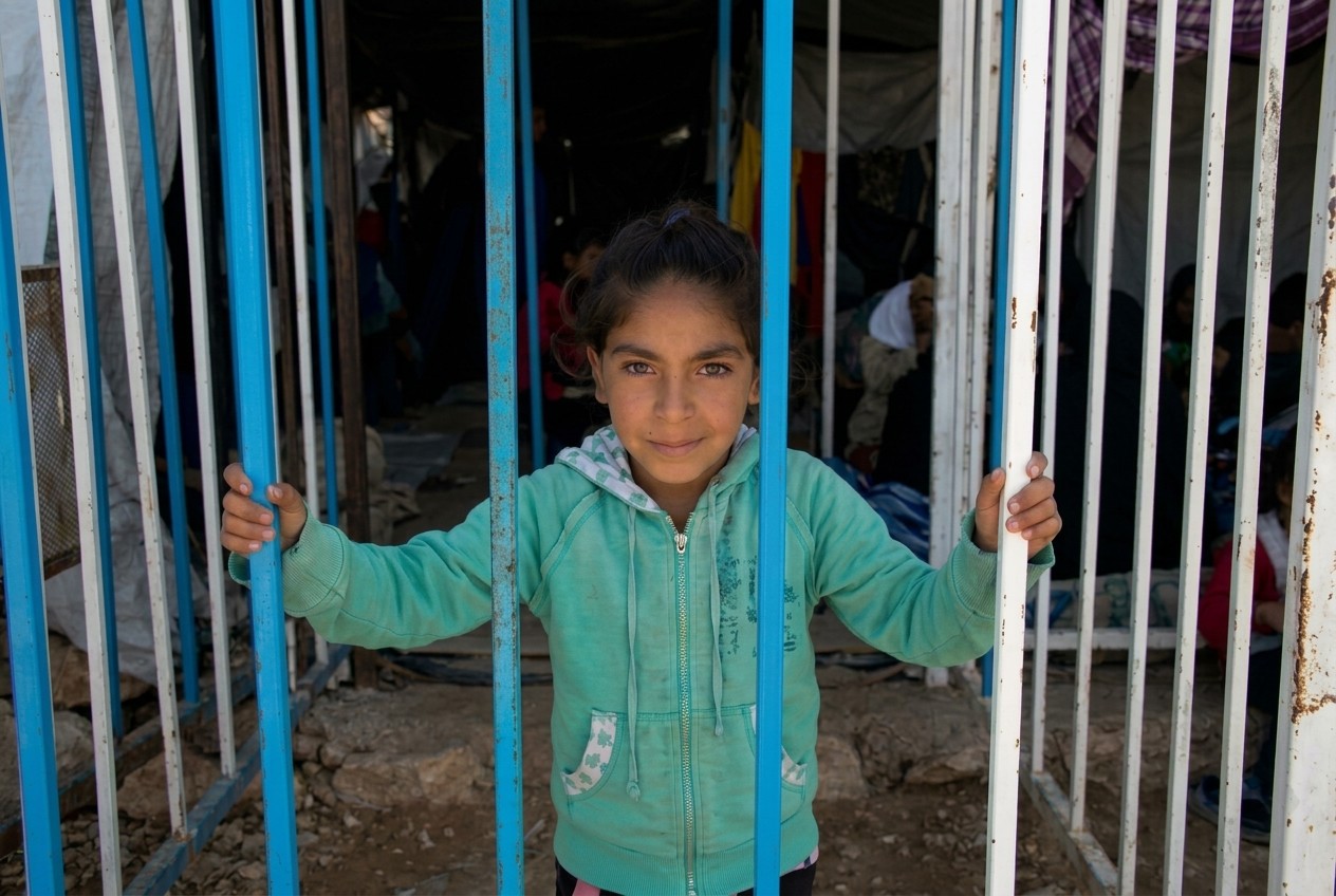Young girl looking out through the blue bars of a window