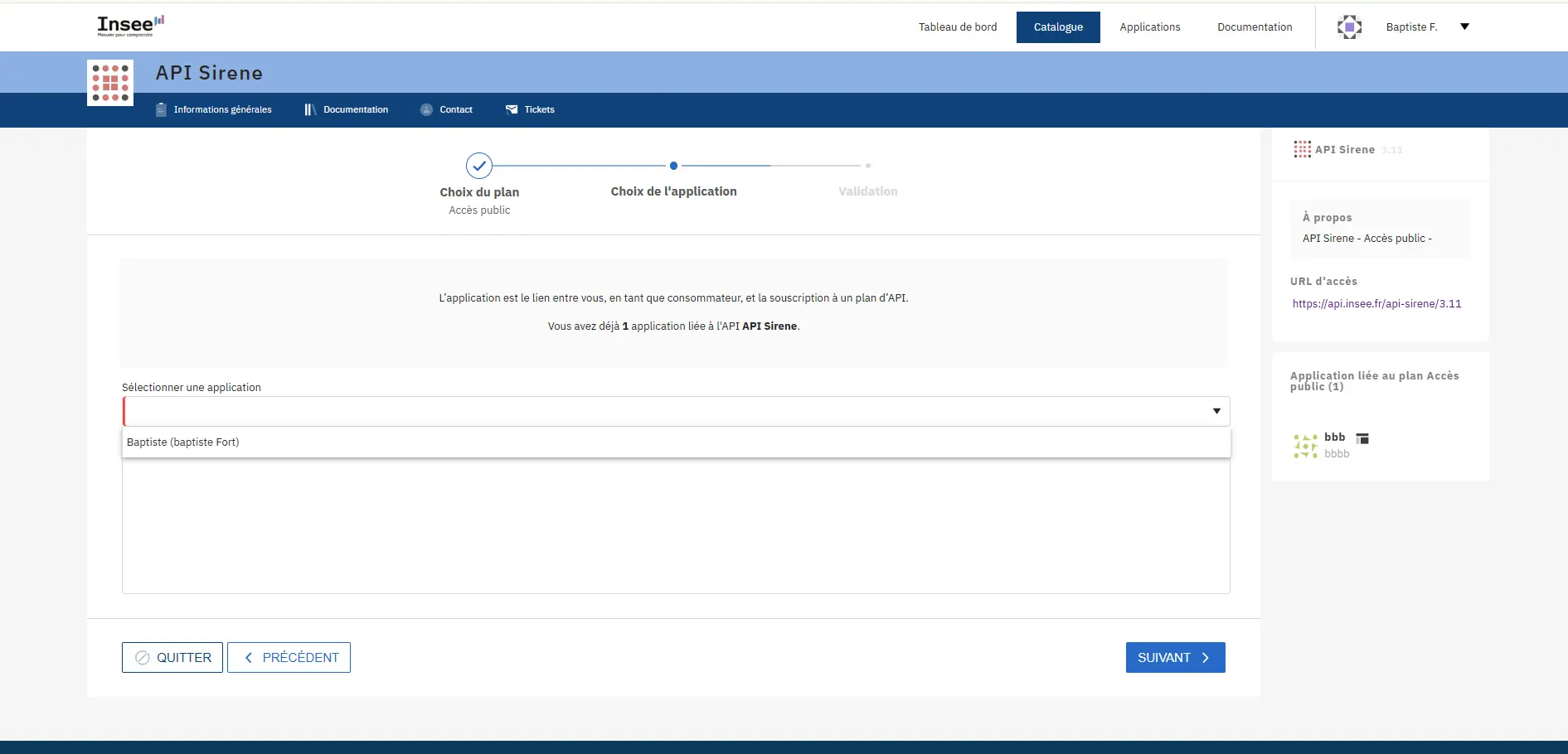 écran sélection application pour API Sirene INSEE