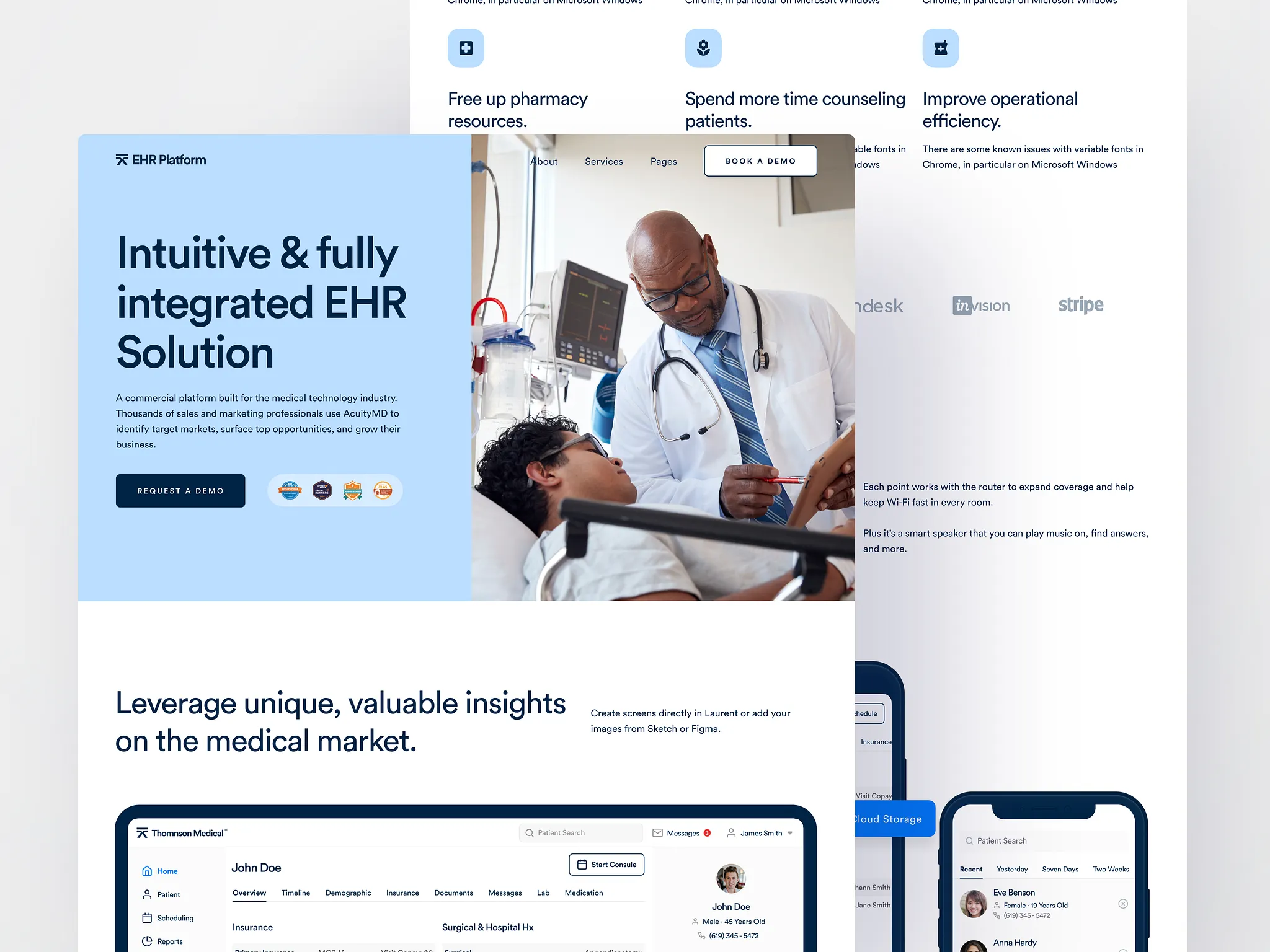 Healthcare SaaS landing page design for an EHR platform