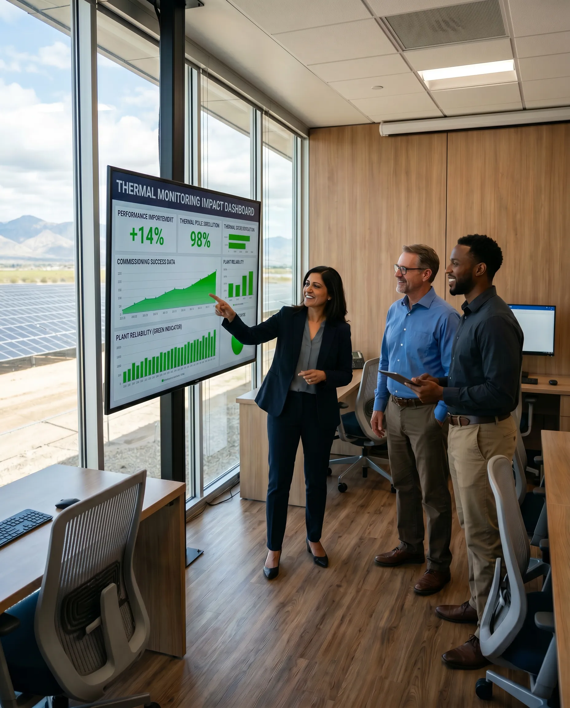 Team in a solar company meeting reviewing project performance dashboards and analytics with solar panels visible outside.