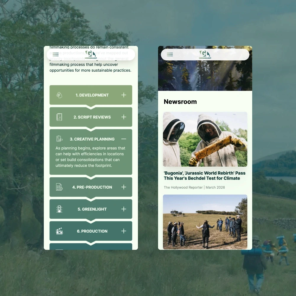 Mobile UI screens of an interactive production timeline and a stack of news article image cards.