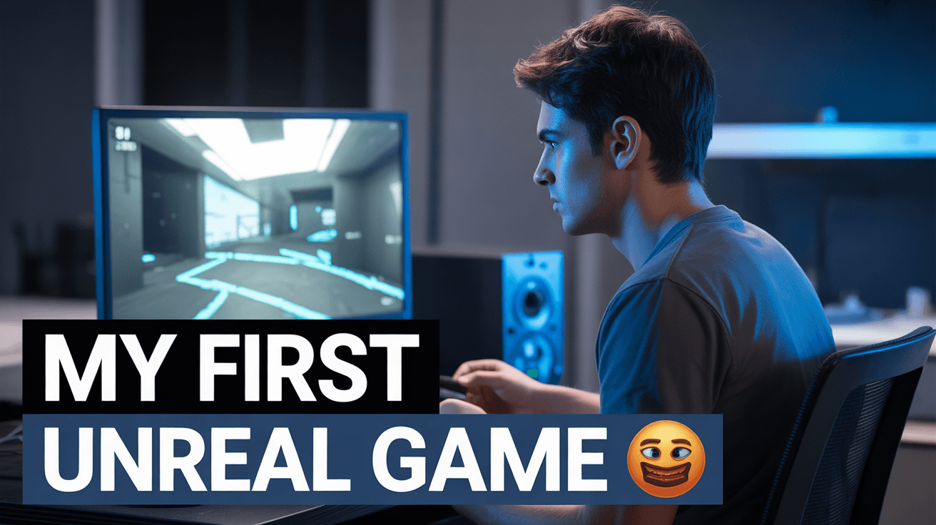 Indie developer at desk facing Unreal Engine screen with blue lighting and My First Unreal Game text
