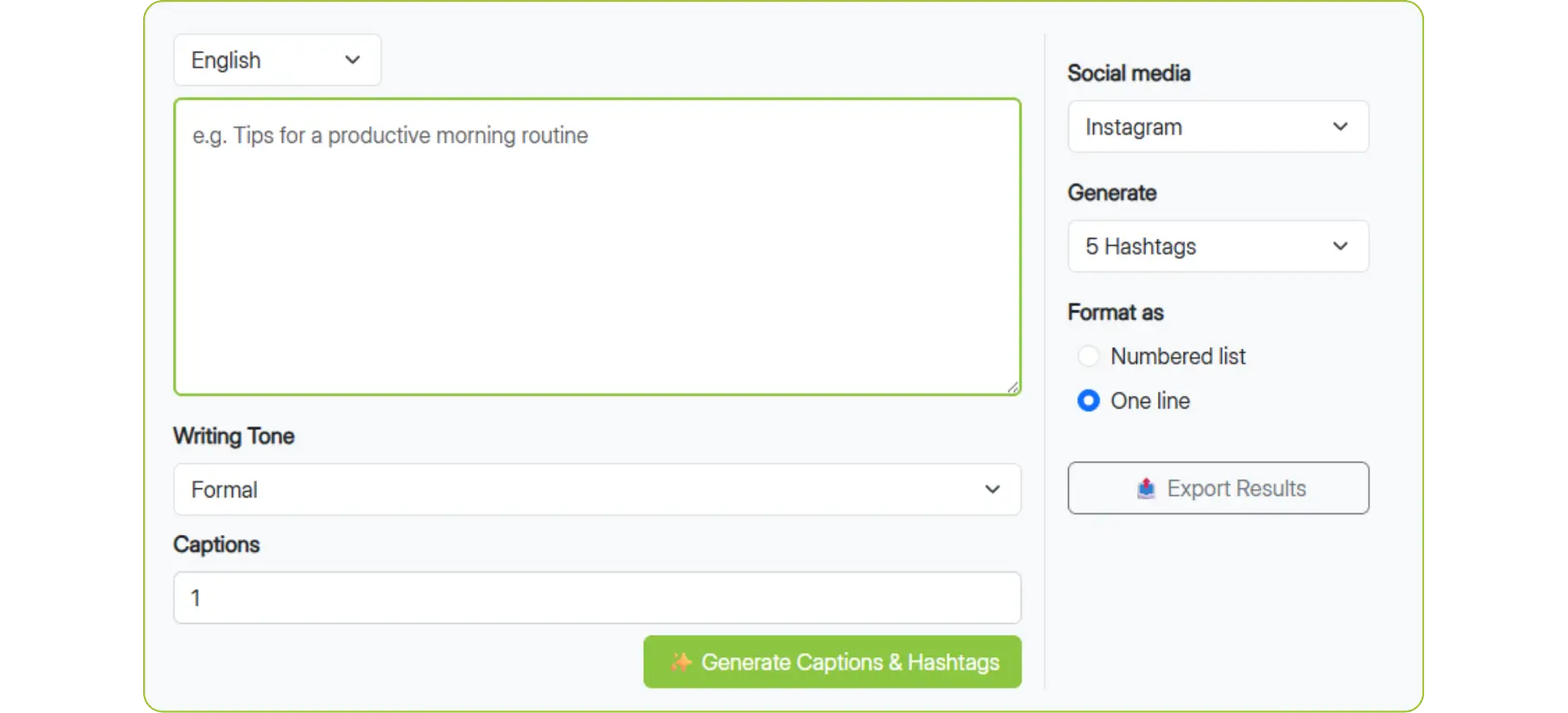 Form interface for generating social media captions and hashtags