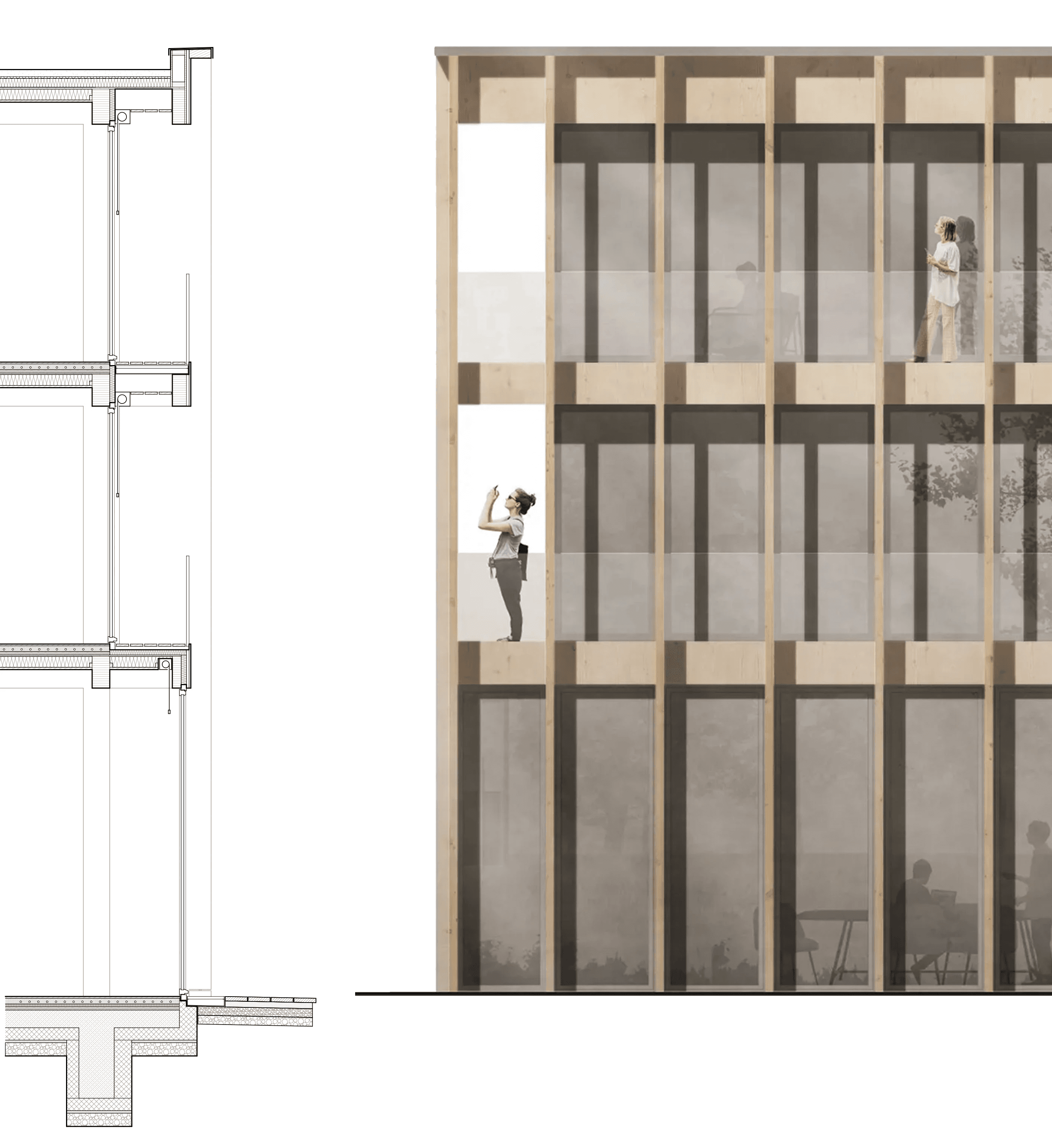 Detail­schnitt und Ansicht der Neubauten im Projekt Kraftwerk Heegermühle in Eberswalde mit Fassadendetail und Materialität
