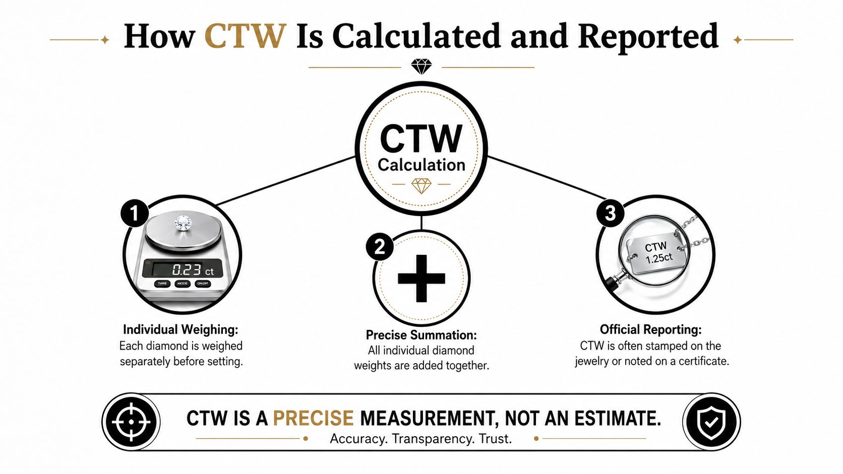 An infographic showing the three-step process for calculating and reporting a diamond's total carat weight.