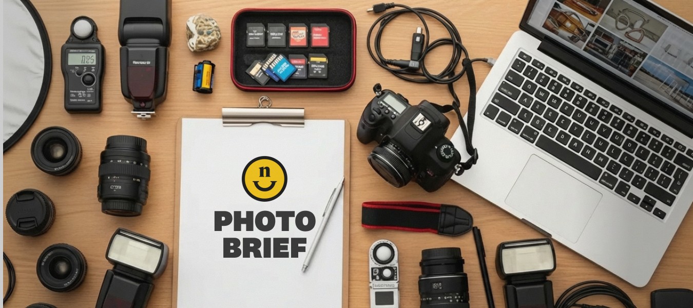 Flat lay of a photography workspace with camera body, lenses, flashes, memory cards, laptop, cables, and a clipboard labeled “Photo Brief” on a wooden desk.
