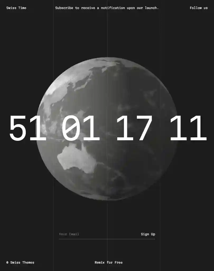 Page d'attente (« coming soon ») sur fond noir montrant un globe terrestre gris rotatif et un grand compte à rebours.