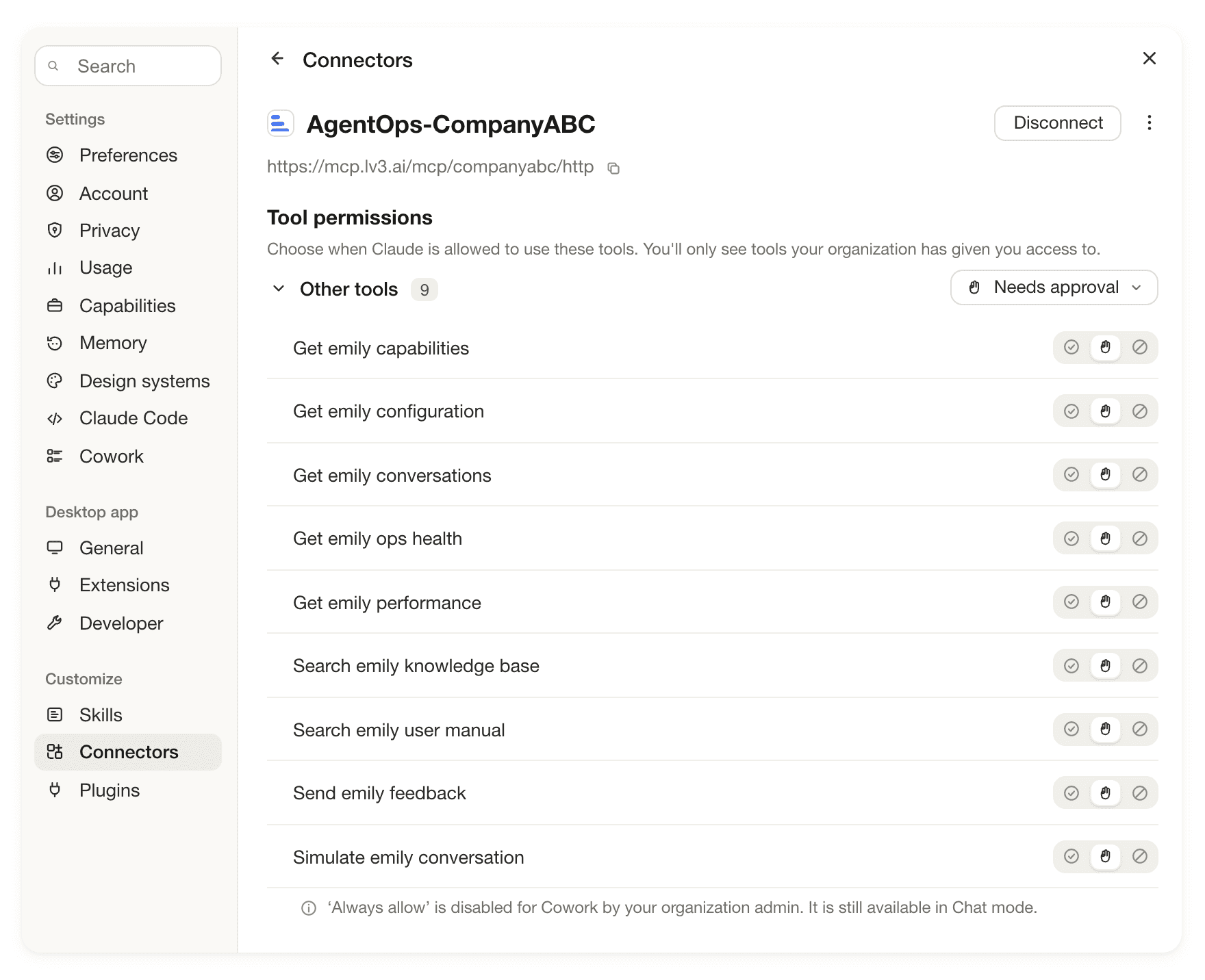 Claude settings showing the AgentOps-CompanyABC MCP connector and its nine Emily tool permissions, including get capabilities, configuration, conversations, ops health and performance, search knowledge base and user manual, send feedback, and simulate conversation