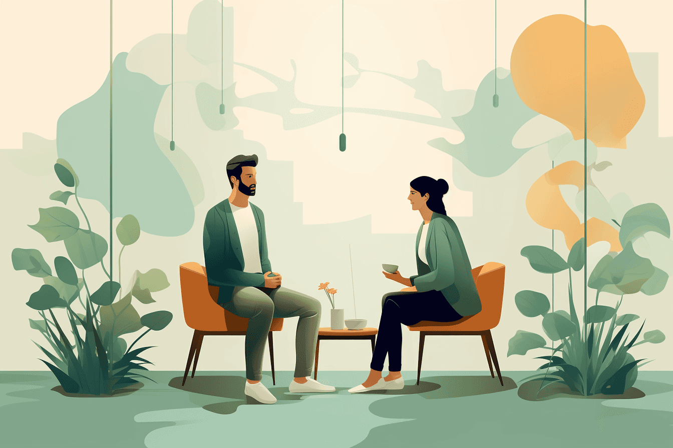 Illustration of a woman and man sitting and listening to eachother