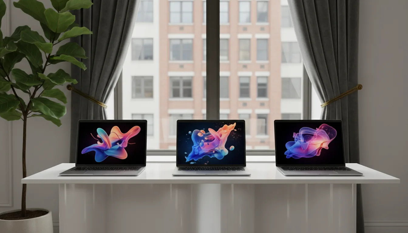 DSLR photography of three modern, premium silver laptops with thin bezels, lined up on a sleek white console table with a wavy, sculptural front. The laptops are open, their bright screens displaying different colorful and complex abstract 3D graphic renders. The setting is a sophisticated office space, with a large window in the background revealing an out-of-focus brick city building. The window is framed by heavy, dark velvet curtains held by brass tie-backs, and a lush green Fiddle Leaf Fig plant is visible on the left. The scene is bathed in soft, natural daylight, creating clean reflections. Shallow depth of field with the focus sharp on the laptops, creating a soft bokeh background.