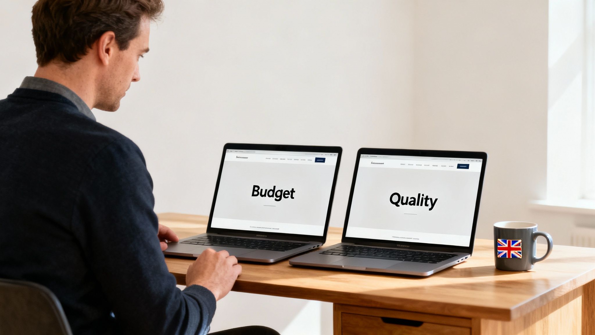 A person working on a laptop, sketching out website design ideas in a notebook.