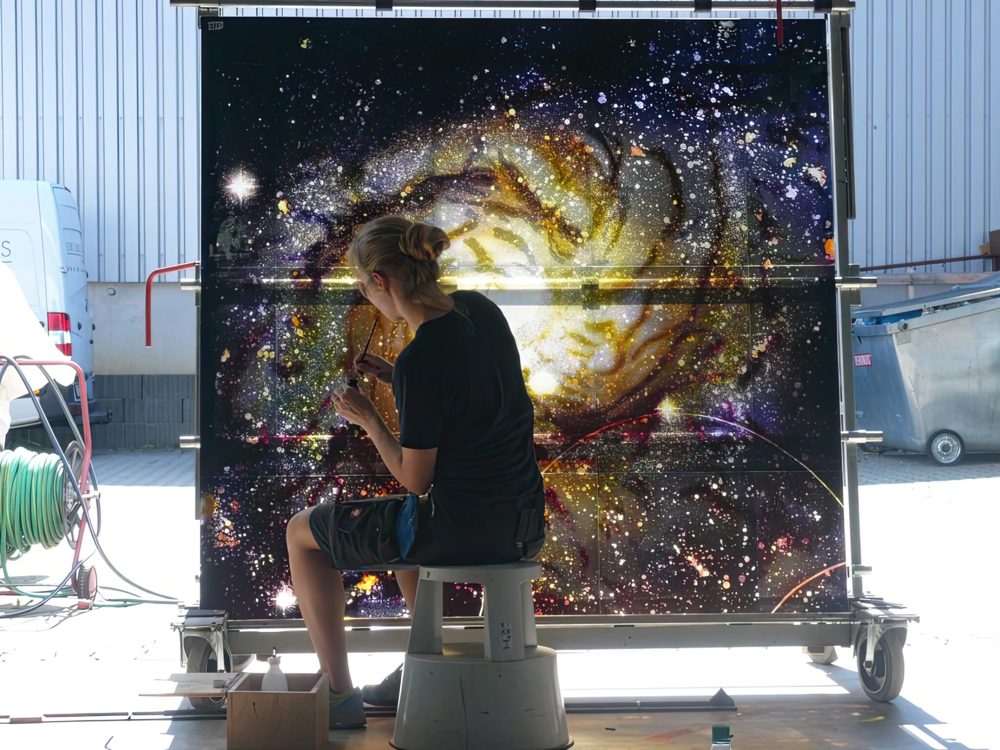 Johanna cleaning the stained glass for Our Lady of the Angels Marian window