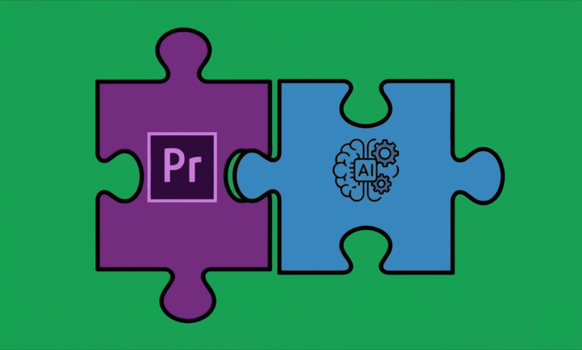 Puzzle-piece illustration showing Adobe Premiere Pro connecting with an AI system, symbolizing AI-powered automation integrated into video editing workflows.