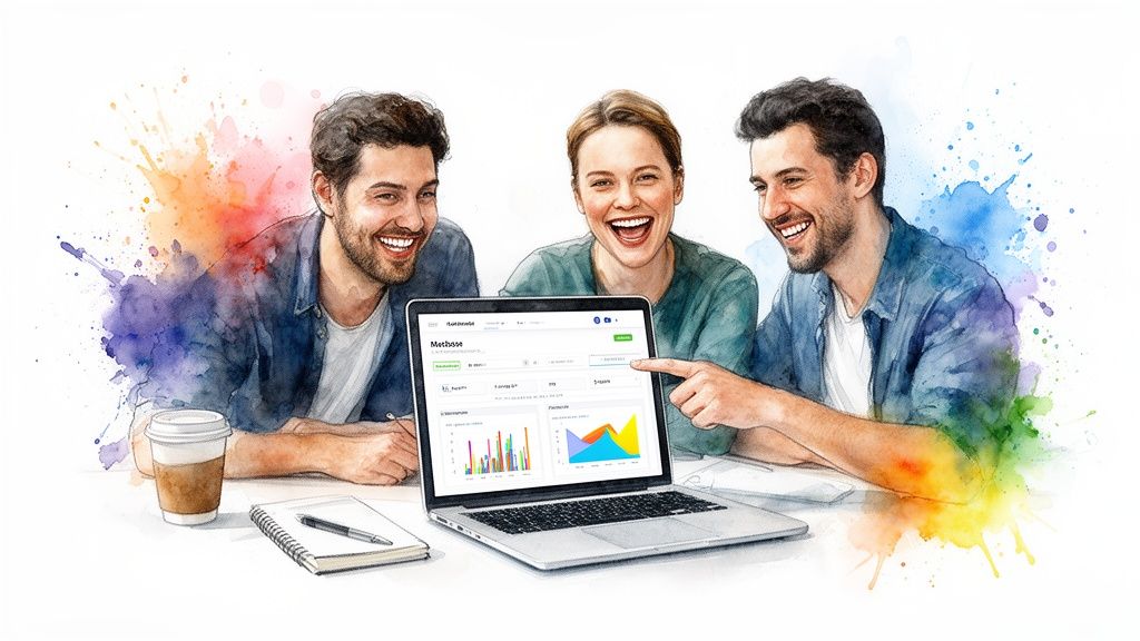 Three happy colleagues collaborating and analyzing data visualizations on a laptop screen with colorful watercolor splashes.
