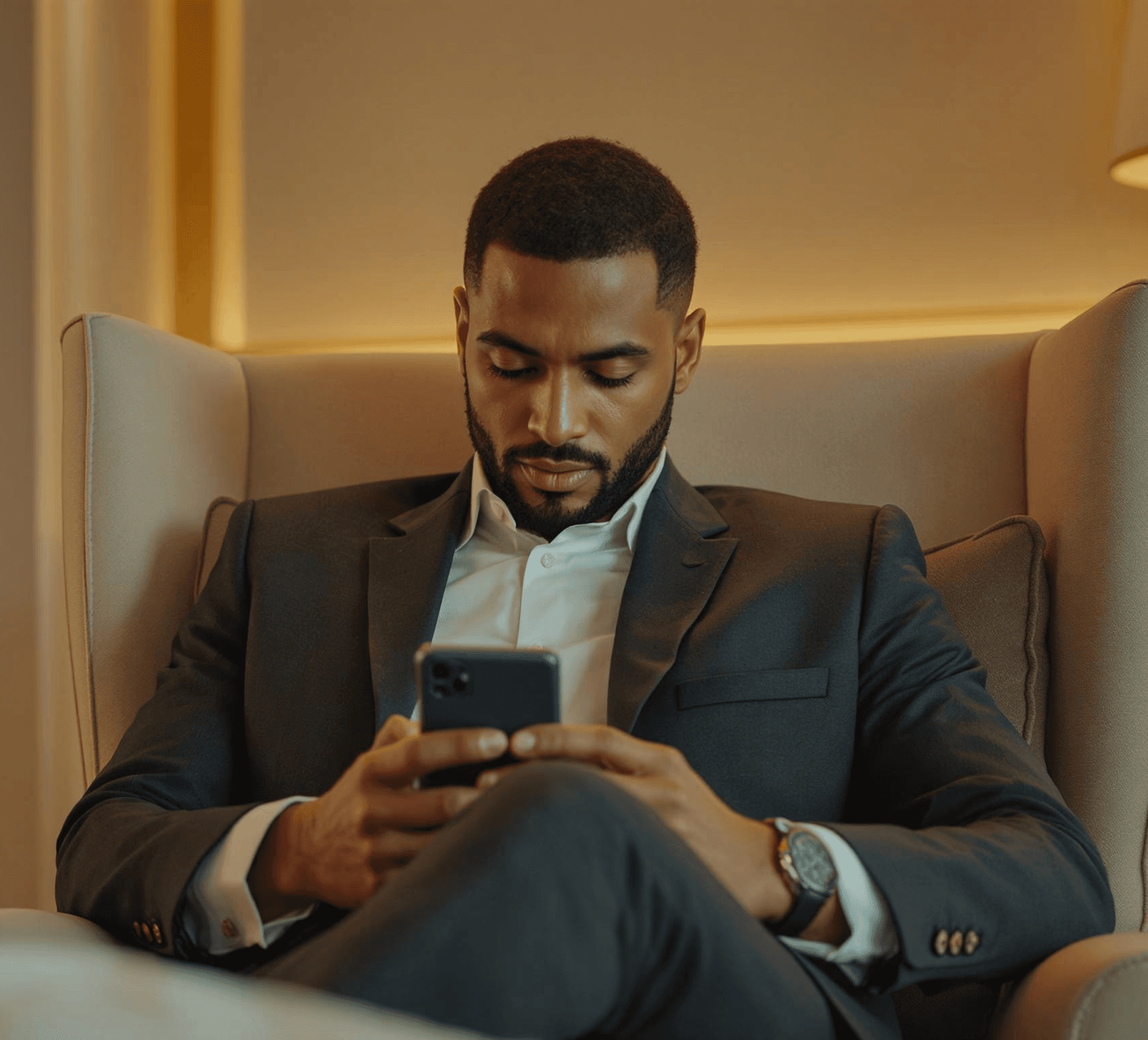 A person wearing a beanie and glasses is working at a computer desk in a sunlit apartment, surrounded by plants, with a cityscape visible through the large windows.