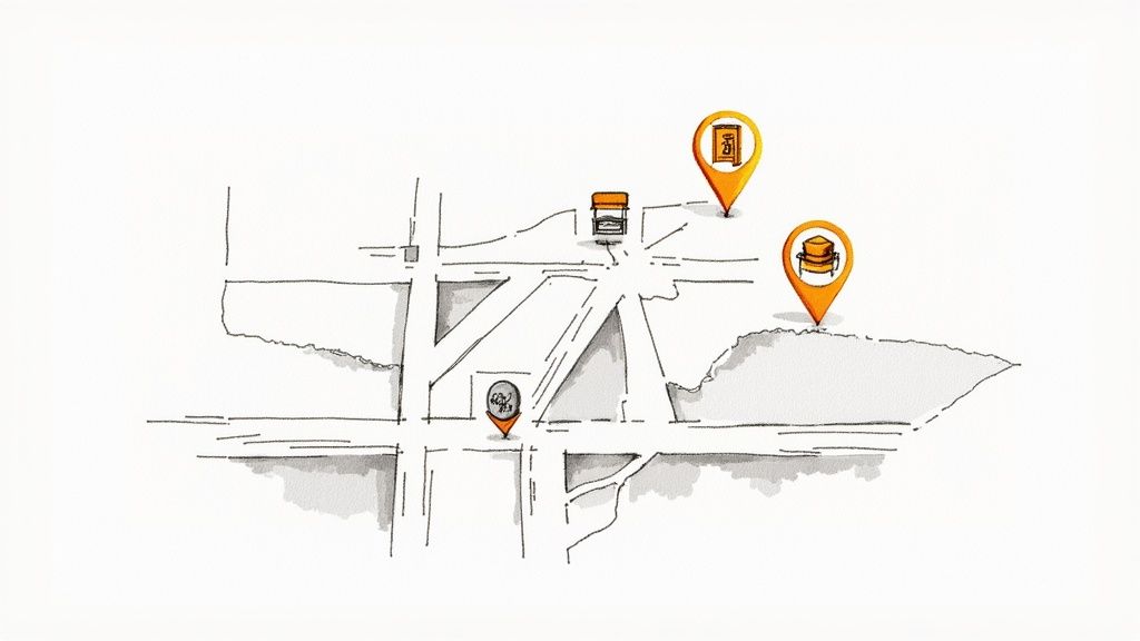 A hand-drawn map sketch shows streets, shaded areas, and three orange location pins.