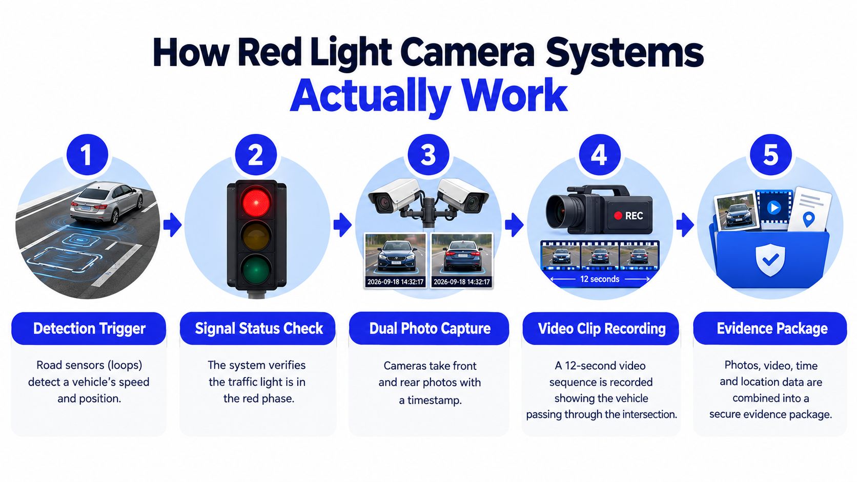 A step-by-step infographic illustrating how red light camera systems detect, capture, and record traffic violations.