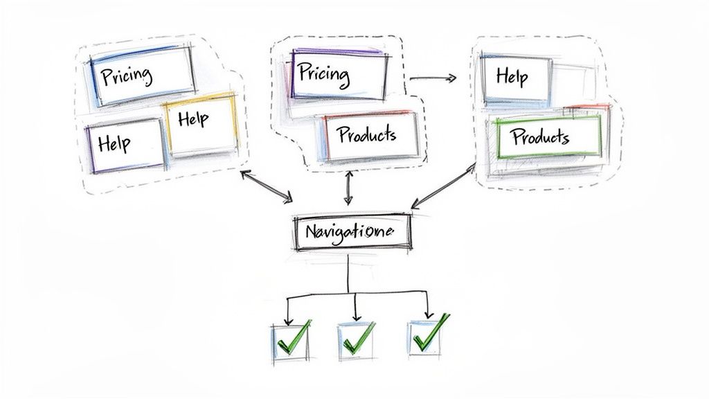 Hand-drawn diagram of UX navigation flows showing paths to Pricing, Help, Products, and completion checkmarks.