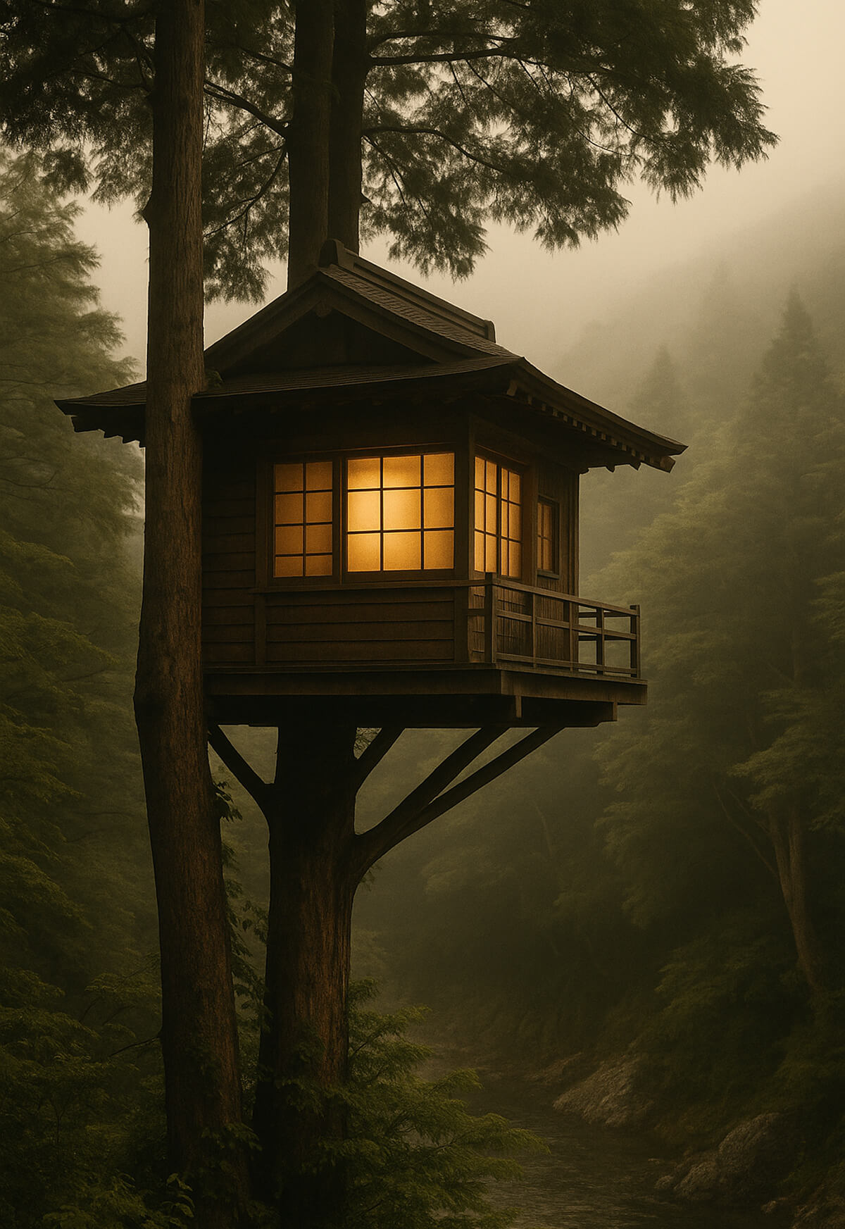 The image depicts a misty mountain forest landscape with dense greenery, soft light filtering through the trees, and a quiet, atmospheric gorge that emphasizes the serenity of the natural surroundings.