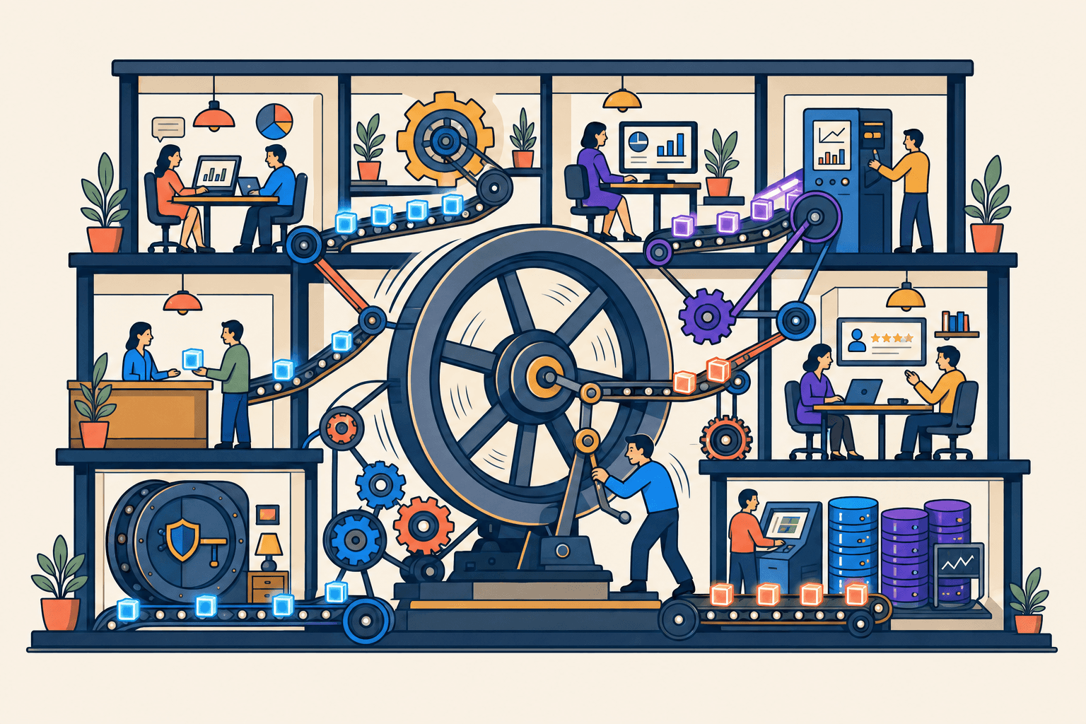 Illustration: Querschnitt eines Unternehmens als Maschine mit großem Schwungrad, Zahnrädern und Teams auf mehreren Etagen