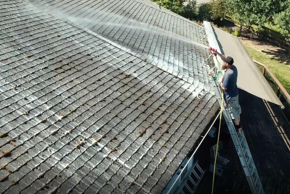 spraying roof with chemicals while roof washing lexington, sc