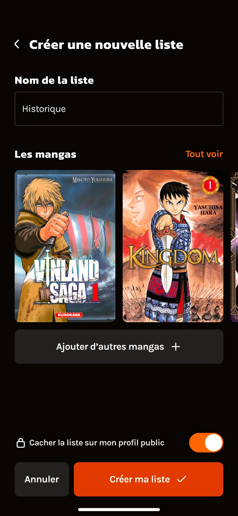 Page montrant comment créer une nouvelle liste pour regrouper différents mangas selon nos goûts