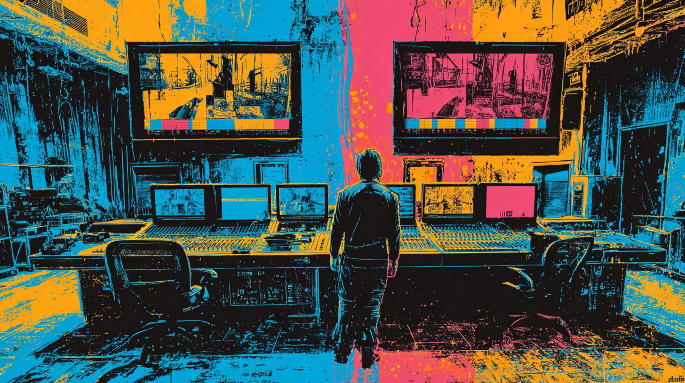 A lone colorist stands before glowing monitors, one warm, one cold — light itself becoming belief.